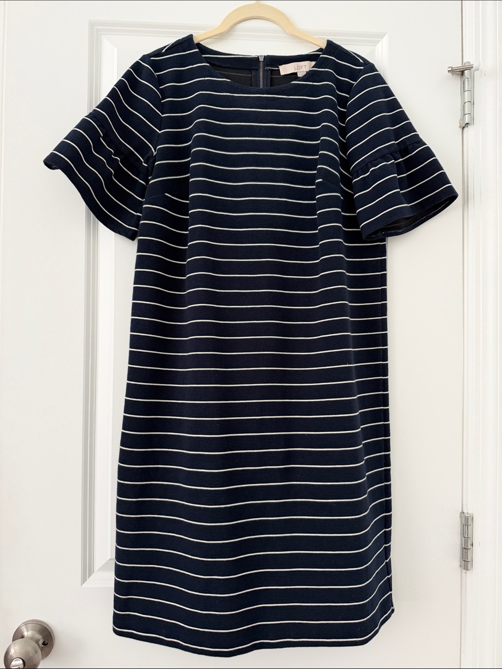 LOFT Navy and White Stripe Ruffle-Sleeve Midi Dress